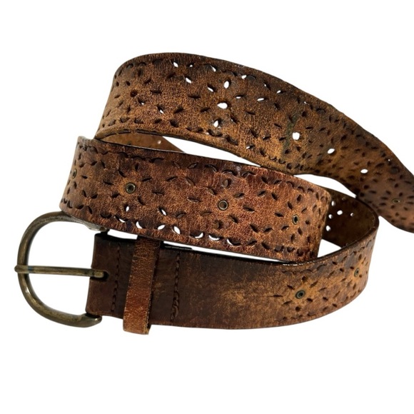 Brown Tooled Leather Cut Out Brass Buckle Belt Western Boho Festival - Picture 1 of 11